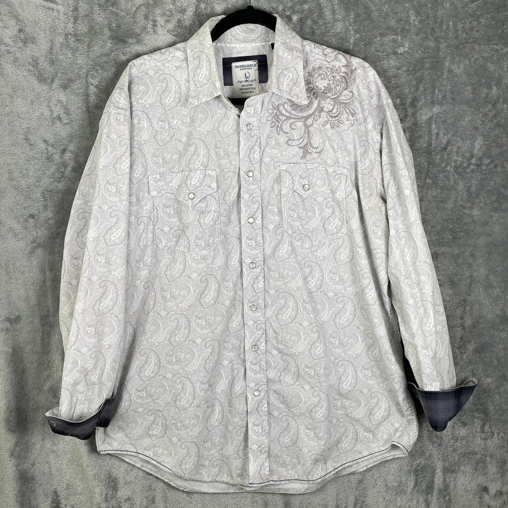 Panhandle Rough Stock Western Shirt Mens L Grey Paisley Pearl Snap Embroidered